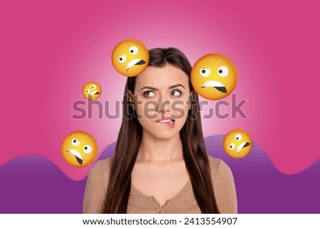 Photo collage picture young thoughtful girl biting lips think idea uncertain planning questioned facebook emoji drawing background