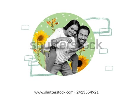 Artwork collage picture of two peaceful idyllic black white colors partners piggyback sunflower flowers isolated on creative background