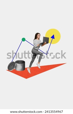 Vertical collage picture of excited black white colors girl use laptop run arrow indicator upwards earn pile stack money coins