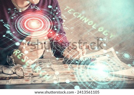 Multi exposure of man's hand holding and using a digital device and data theme drawing. Innovation concept.