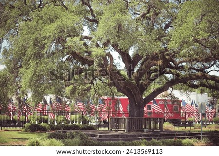 Large live oak with train caboose and United States flag display Royalty-Free Stock Photo #2413569113