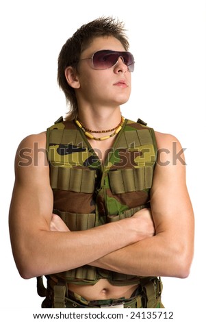 Portrait of muscular man in camouflage clothing. Isolated on white.