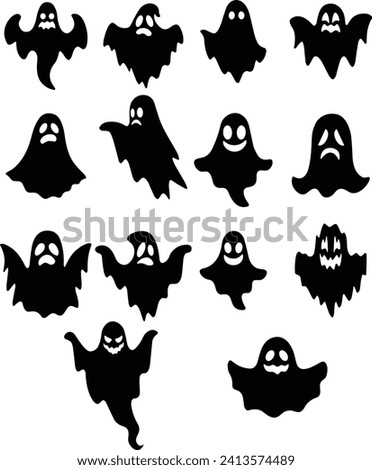 Ghost icon set Vector. Halloween concept, Cartoon Ghosts, black ghost with eyes, spooky character, ghoul or spirit monsters silhouettes with spooky faces. Horror holiday flying phantoms or nightmare