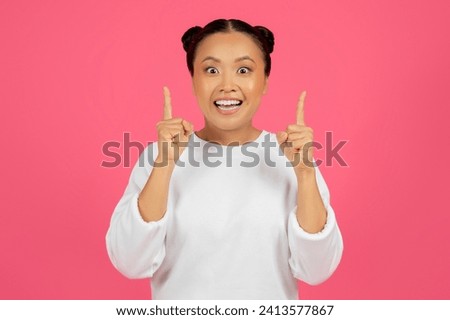 Excited Young Asian Woman Raising Fingers Up, Having Good Idea, Cheerful Inspired Korean Female Found Solution To Problem, Standing Isolated Over Pink Background And Looking At Camera, Copy Space