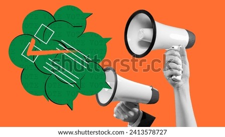 Female hand holding megaphone with ballot paper and checkmark. Contemporary art collage. Important social choice. Concept of elections day, politics, democracy, human rights. Poster. Royalty-Free Stock Photo #2413578727