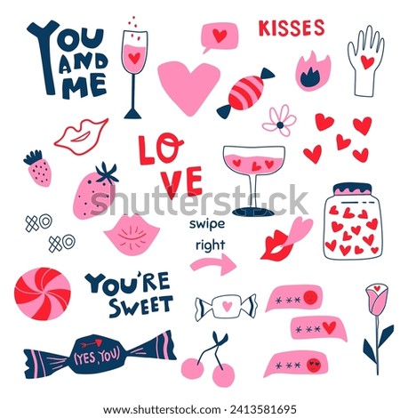 Pink Valentines day minimalist clip art, modern isolated elements. Pink cocktail, hearts, lips, kisses, text love, lettering, sweets, texting, strawberry. Vector romantic collection for 14 February