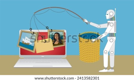 Robot taking art and file maps from other computer. Dimension 16:9. Vector illustration.