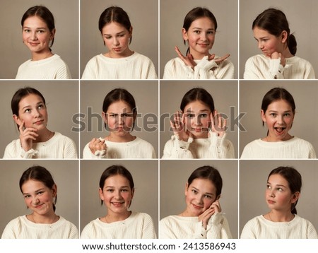 Different facial expressions collage set portraits of teen cover girl 12 year old. Actress emotions portfolio, emotional face teenage model posing at grey. Actor emotion concept. Copy ad text space Royalty-Free Stock Photo #2413586943