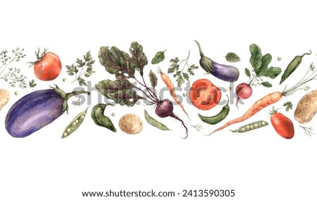 Hand drawn watercolor vegetables. Seamless border on a white background. Use in design, cards, brochures, packaging, fabric, menus, cookbooks.