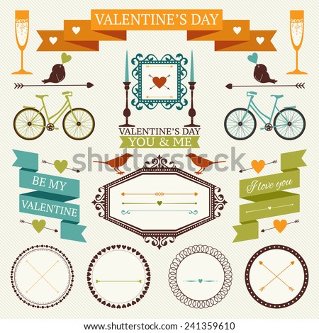 Vector set of decorative design elements for valentine's day. Vintage valentine's day collection with frames, borders, icons, banners.