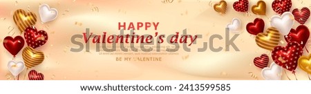 Template of golden luxury header with red, white and yellow balloons in heart shape and confetti. Happy Valentine's Day panoramic banner with 3d realistic  romantic heart balloons and streamers
