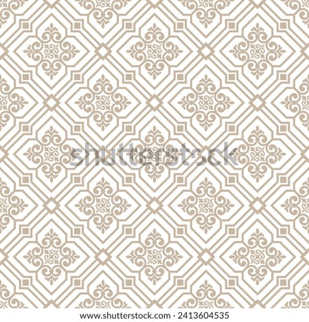 Abstract geometric floral seamless pattern. Beige and white ornament. Modern stylish texture repeating. Vector background.