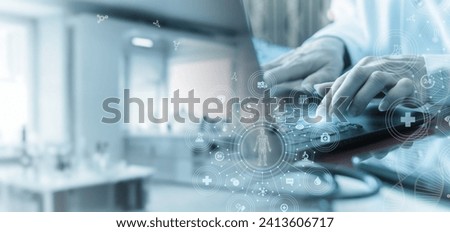 Double exposure of a doctor working on a computer and laboratory.