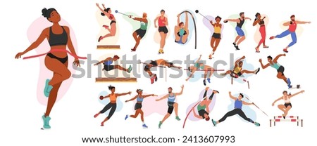 Set of Athletes Male and Female Characters. Runner, Long and High Jump, Put Shot, Race Walk and Pole Jumping or Discus Throwing. Sportsmen and Sportswomen in Action. Cartoon People Vector Illustration Royalty-Free Stock Photo #2413607993
