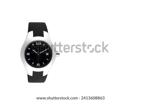 classic analog wrist watch with strap and minimalist design on white background with space for text
