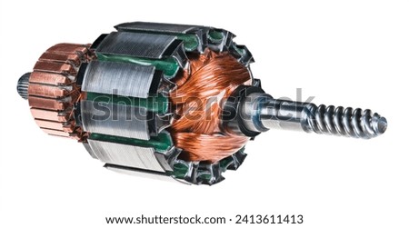 Closeup an electric DC motor rotor isolated on a white background. Steel worm gear shaft, commutator copper segments and coil wire winding or metal transformer sheets on electrical machine moving part Royalty-Free Stock Photo #2413611413