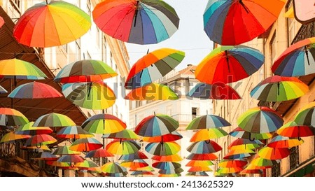 Several colorful umbrellas on a street in Lisbon