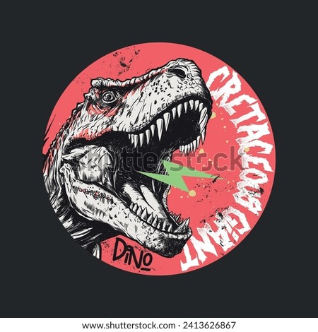 Vector dinosaur roaring in red round shape and typographic text.  Royalty-Free Stock Photo #2413626867