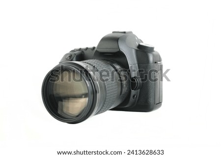 Big Black DSLR Digital Camera full frame sensor with lens on white background.