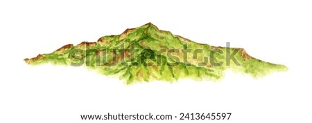Watercolor illustration of green mountain alpine landscape. Rocky Ridge natural element isolated on white. Background element for the design of gardens, landscapes, parks, forests