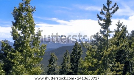 OLYMPUS DIGITAL CAMERA picture of the majestic peaks of the Rocky Mountains seen between the tall evergreen trees. A panorama of beauty under the big sky.