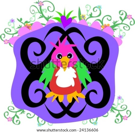 Framed Parrot with Borders and Vines Vector