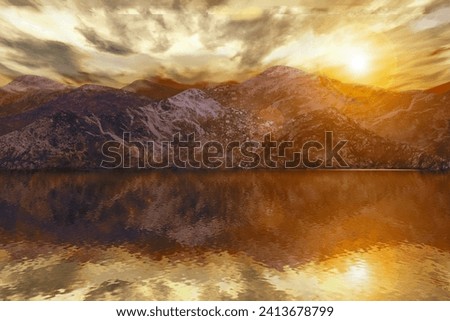 bright orange sun rising above a mountainous landscape with relfective lake, high altitude natural landscape, outdoor adventure images, 3d illustration