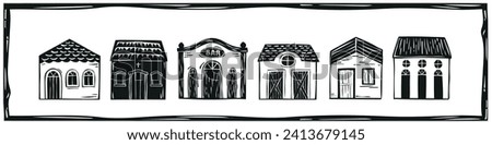 Village of simple houses in the interior of Brazil, woodcut vector, in the Cordel style of the Brazilian Northeast Royalty-Free Stock Photo #2413679145
