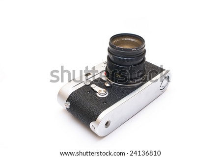 Old vintage rangefinder photo camera isolated over white background