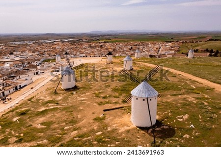 Drone photo of windmills in Campo de Criptana, Castilla-La Mancha, Spain.