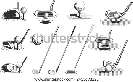 Golf clubs and a ball. Retro monochrome vector illustration. Royalty-Free Stock Photo #2413698221