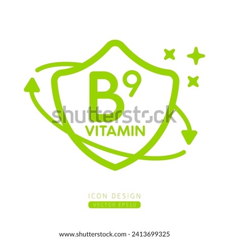 Vitamin B9 icon green in shield surrounded by arrows Isolated on a white background. Medical symbol build protective and immunity concept. Design for use print media form simple line. Vector. Royalty-Free Stock Photo #2413699325