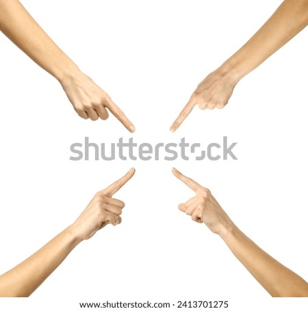 Pointing, touching, aiming. Multiple images set of female caucasian hand with french manicure showing Pointing gesture isolated over white background