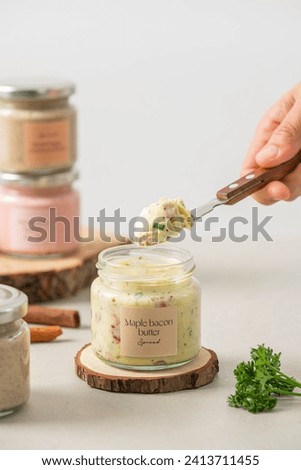 Maple bacon butter, condiment, spread, breakfast, brunch, sweet, savory, butter, maple syrup, bacon bits, smoky flavor, creamy, homemade, garlic-spread