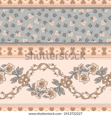 Seamless floral pattern with colorful flowers and leaves. Vector vintage background, border for wallpaper, fabric, gift wrap, digital paper, fills, etc. Shabby chic style Royalty-Free Stock Photo #2413722227