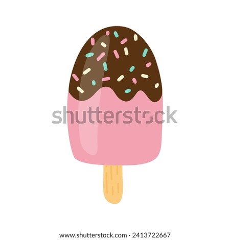 Ice cream popsicle hand drawn vector illustration isolated on white background. Pink ice cream with chocolate top clip art.