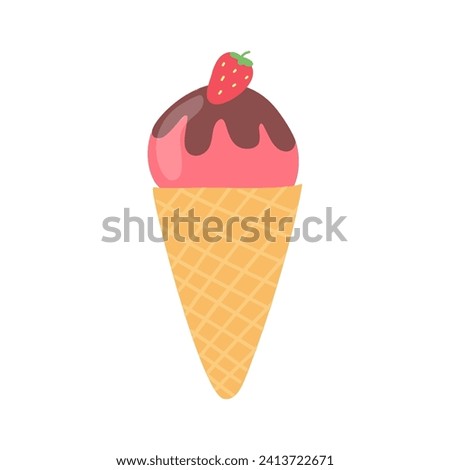 Ice cream cone vector illustration isolated on white background. Hand drawn ice cream clip art with chocolate and strawberry.