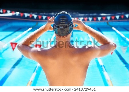Swimming, pool and back of sports person ready for exercise, outdoor workout or training routine. Waterpolo player, athlete or active swimmer to start challenge, cardio or fitness performance Royalty-Free Stock Photo #2413729451