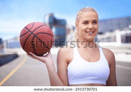 Thinking, smile and woman with a basketball, fitness and sports with happiness, New York city and training. Person, player or girl with joy, summer or weekend break with exercise or practice for game