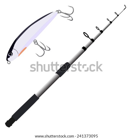 Fishing pole and bait vector isolated on white background, fishing equipment