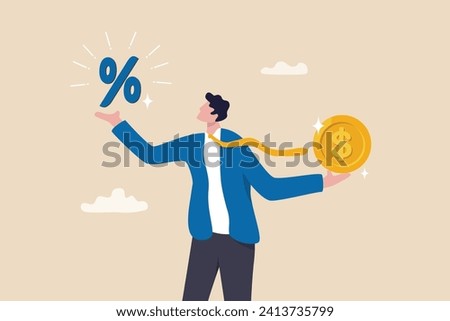Lending, mortgage or loan interest rate, financial credit, economy growth or income tax calculation, debt or financial credit, investment concept, businessman holding dollar money coin and percentage. Royalty-Free Stock Photo #2413735799