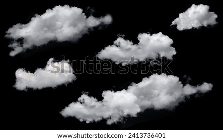 Set collection of white long cumulus clouds isolated on black background. Climate, metrology, design element, brush Royalty-Free Stock Photo #2413736401