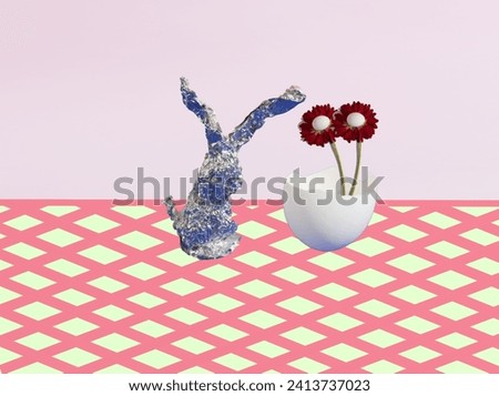 Easter pattern made of a silver Easter bunny with an eggshell, eggs and red flowers on a pastel pink and green checkered background. Minimal concept of Easter. Copy space.