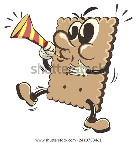 vector illustration of cute square biscuit character mascot blowing party trumpet, work of handmade