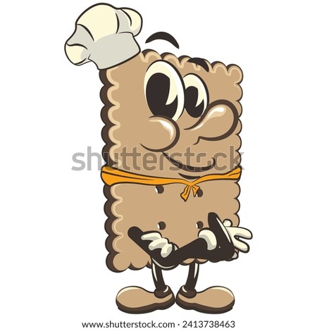 vector illustration of cute square biscuit character mascot wearing a chef's hat and wearing a red scarf, work of handmade