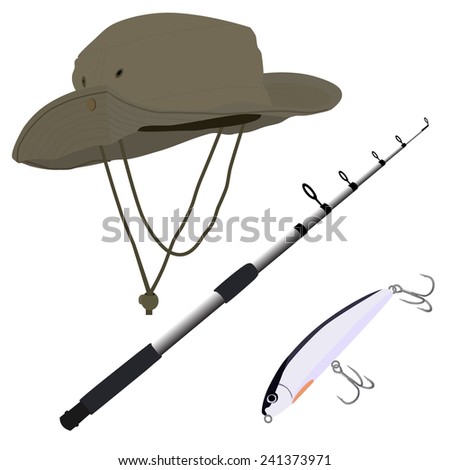 Fishing pole, hat and bait vector isolated on white background, fishing equipment