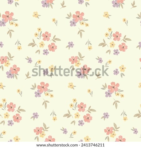 Seamless floral pattern, liberty ditsy print of mini pretty bouquets. Cute botanical design: small hand drawn flowers, tiny leaves in an abstract composition on a light background. Vector illustration Royalty-Free Stock Photo #2413746211