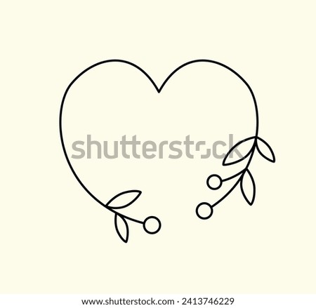 Minimalist frame in a shape of a heart with small branches of berries, leaves. Botanical border, graphic design element in simple line style. Linear floral frame. Black and white illustration, vector.