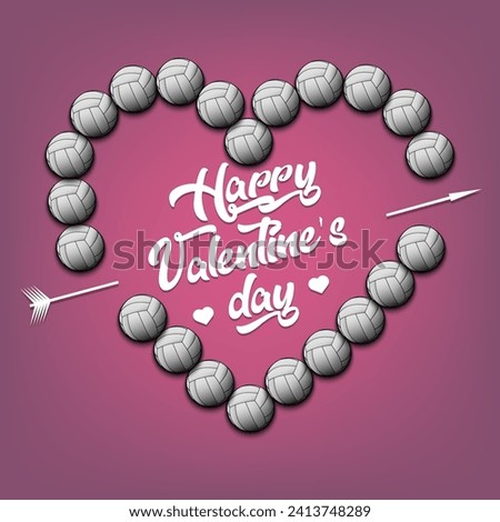 Happy Valentines Day. Volleyball balls laid out in the shape of the heart. Design pattern for greeting card, banner, poster, flyer, invitation party. Vector illustration on isolated background