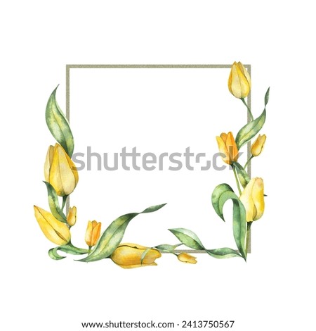 floral square frame made of yellow tulips and leaves. Botanical watercolor illustration on a white background. for the design of postcards.